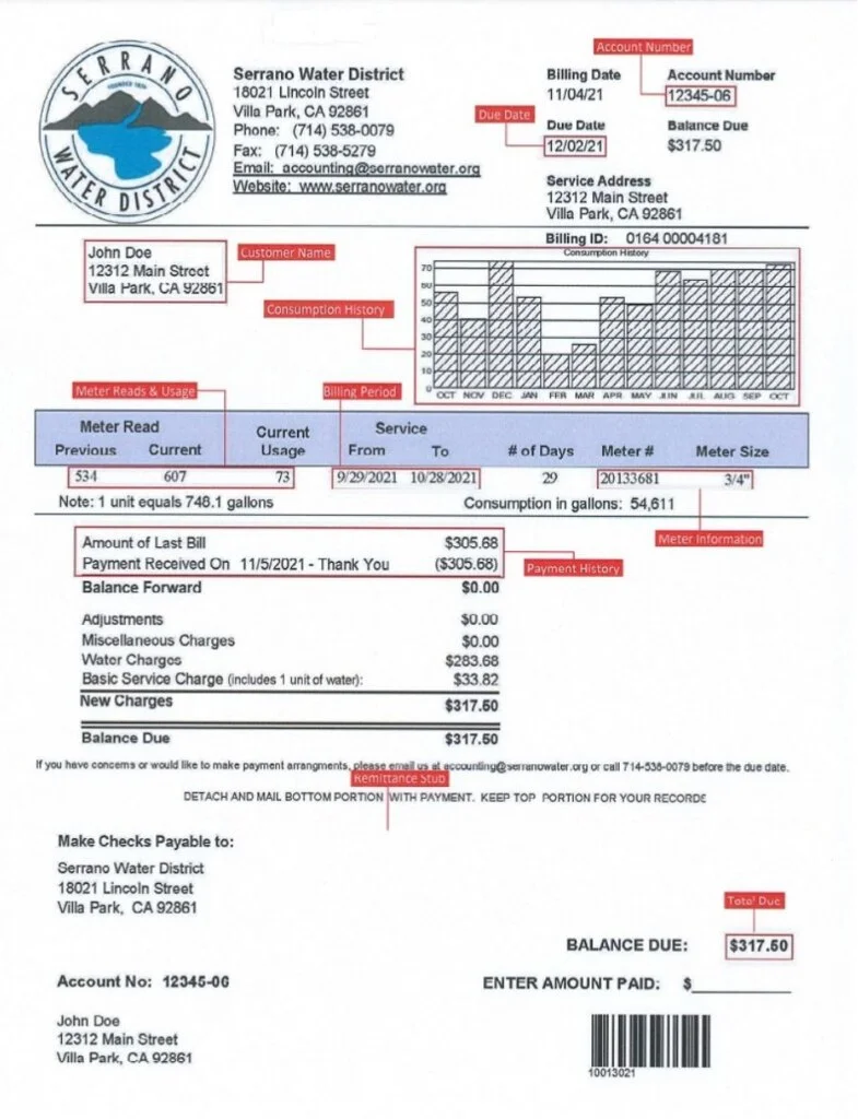 Serrano Water District Bill Example