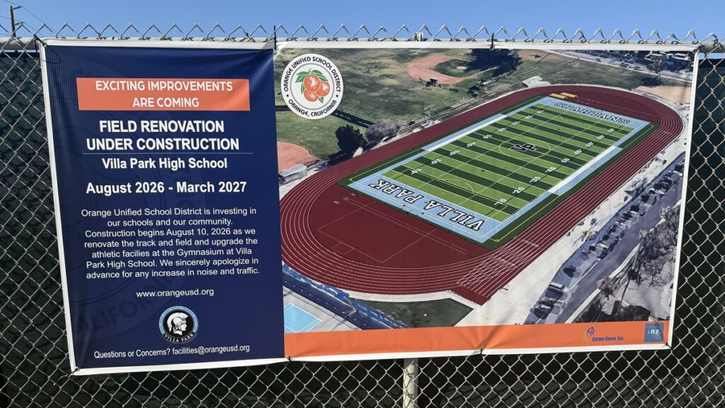 Construction at the Villa Park High School football field and running track